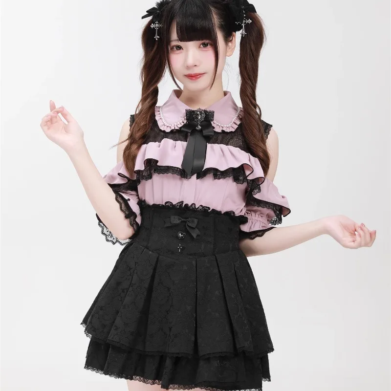2025 Summer Pearl Collar Off-the-shoulder Short-sleeved Shirt Japanese SC Sweet And Cute Single-breasted Blouse Women's Clothing