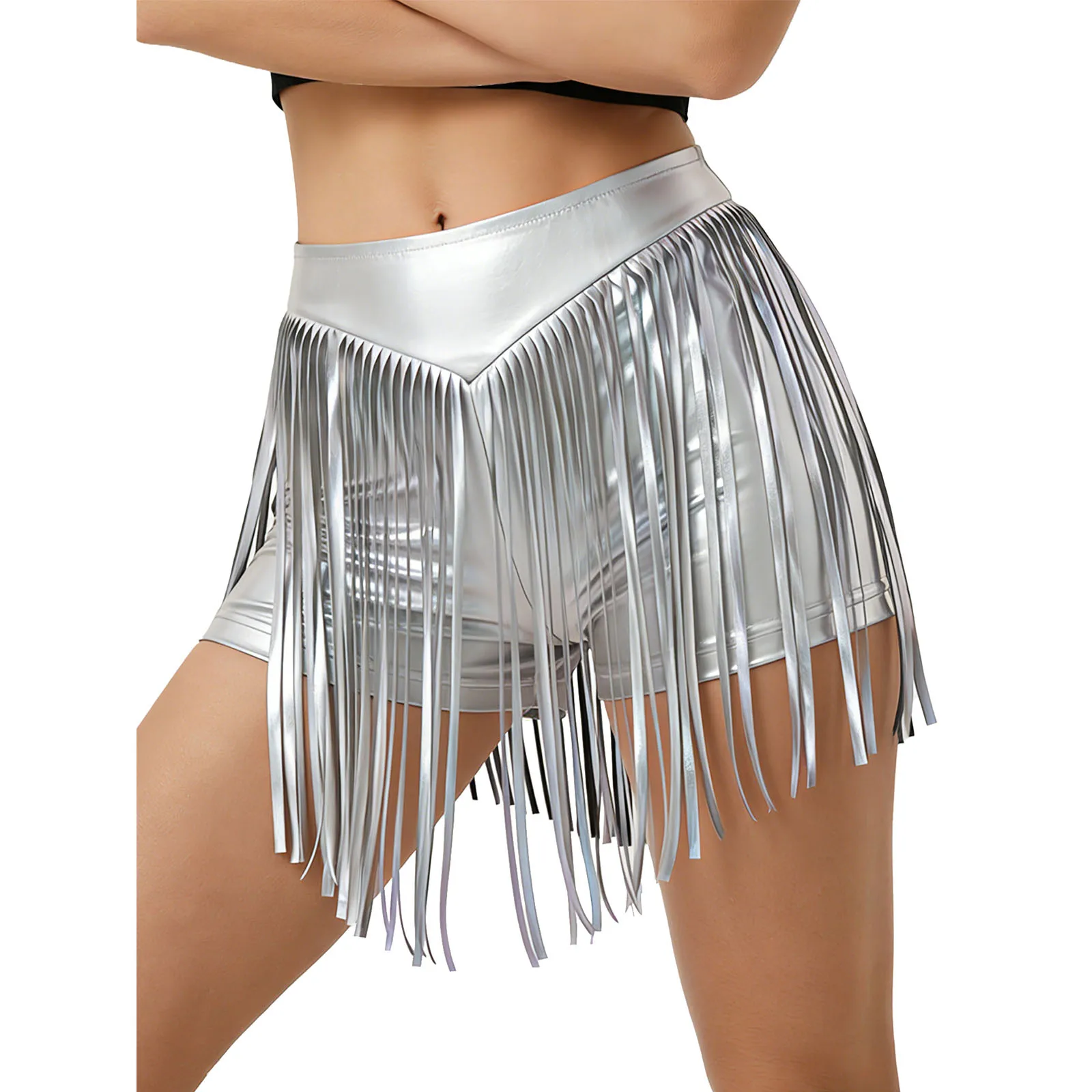

Womens Iridescent Metallic Hot Pants with Tassel High Waist Fringed Booty Shorts Cheeky Shorts Jazz Dance Shorts Rock Clubwear