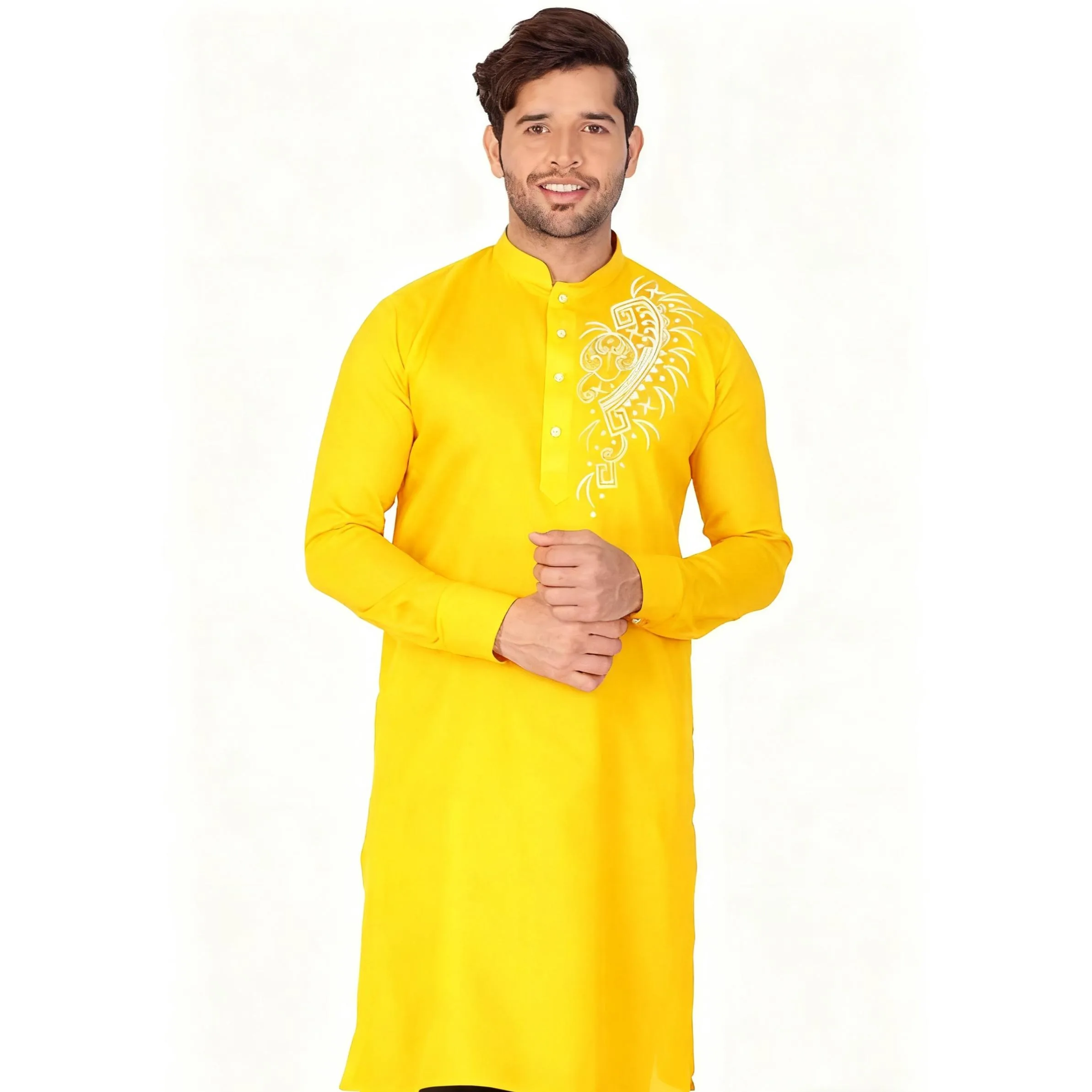 رداء رجالي من الشرق الأوسط مطبوع عليه عرقية وياقة واقفة قميص شبابي متوسط الطول معطف فاخر غير رسمي 2026 نمط وطني مسلم