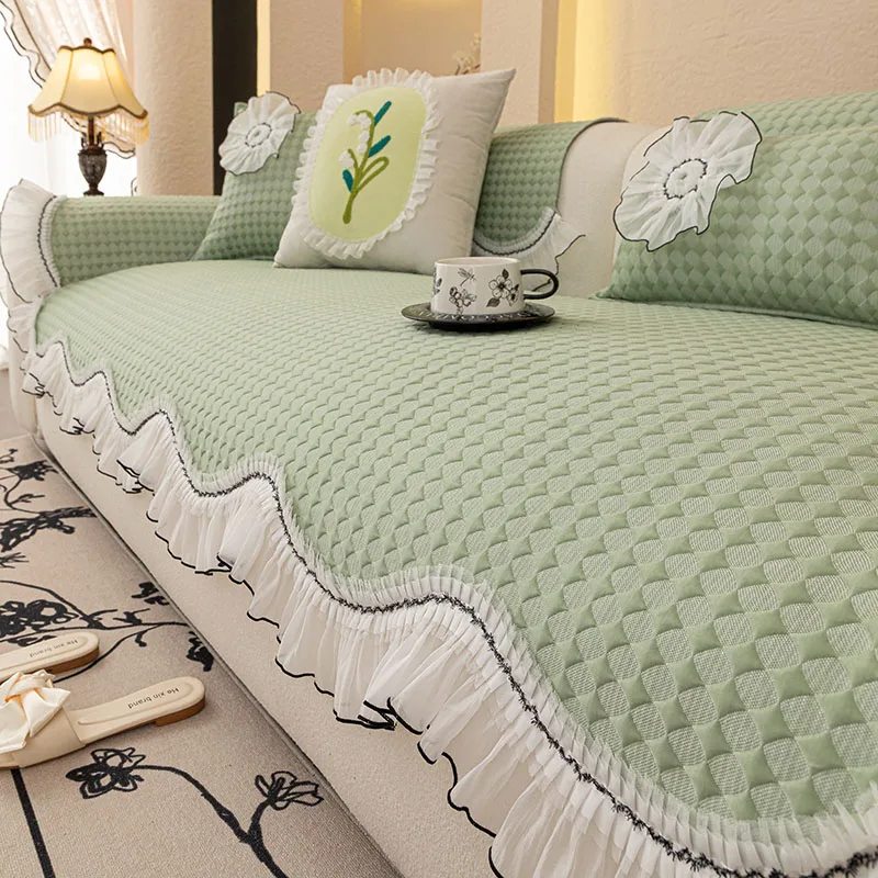 2026 French New Cool Ice Silk All Season Anti-Slip Creamy Aesthetic Irregular Lacework Sofa Cushion Cover with Non-Slip Bottom