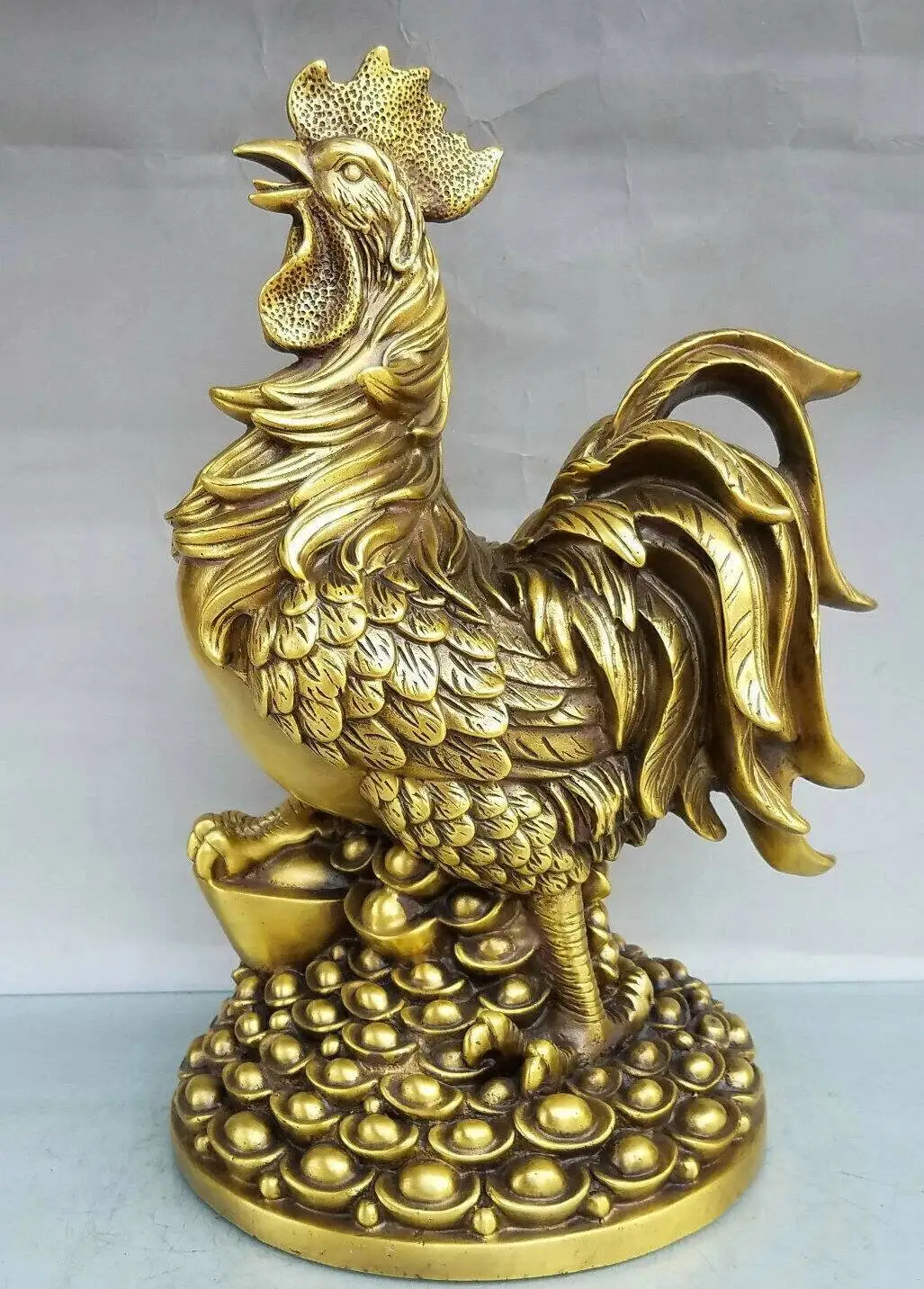 16Inch Pure Bronze Feng Shui Zodiac Rooster Coin Ingot Statue