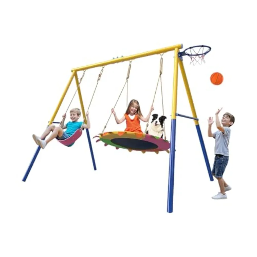 

Backyard swing set with 440lbs capacity: 40-inch saucer swing A-frame metal frame belt swing basketball hoopdurable steel black
