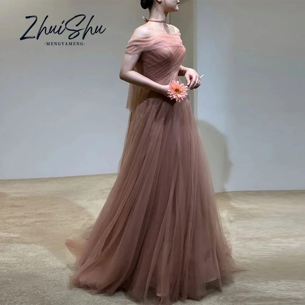 Elegant Brown Wedding Party Dress Off Shoulder Draped Floor Length Tulle Korea Photo Shoot Bridal Reception Gown Customized