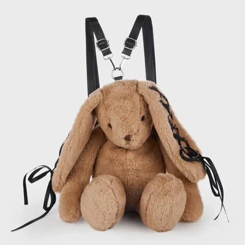 Faux Fur Cute Rabbit Backpack Bags for Women Luxury Designer Handbags and Purses 2024 New in Fashion Plush Lace String Shoulder