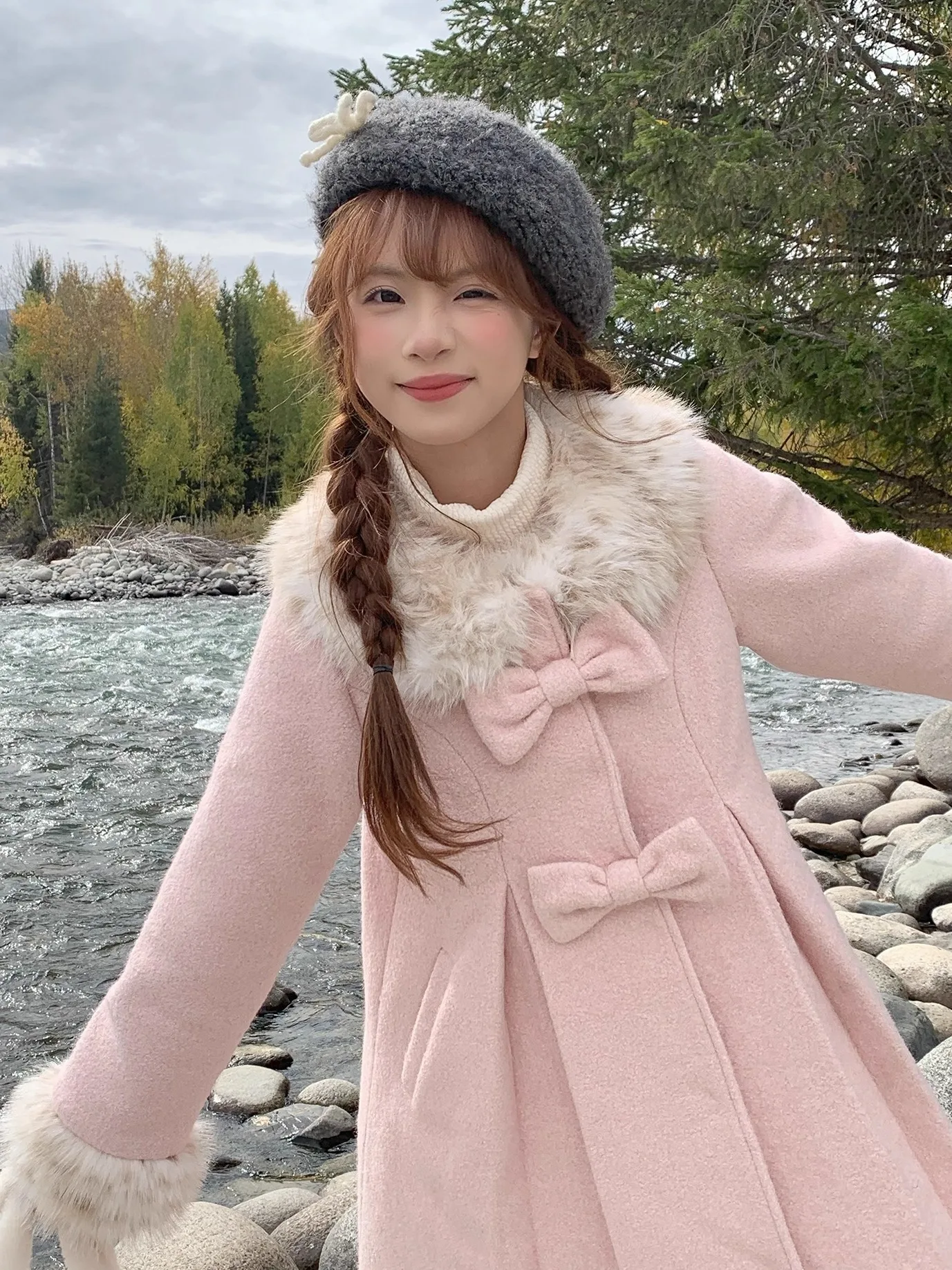 Japanese Style Sweet Elegant Mori Girl Fur Collar Bow Single-Breasted Long Sleeve Pink Wool Coats for Women Winter Long Jackets