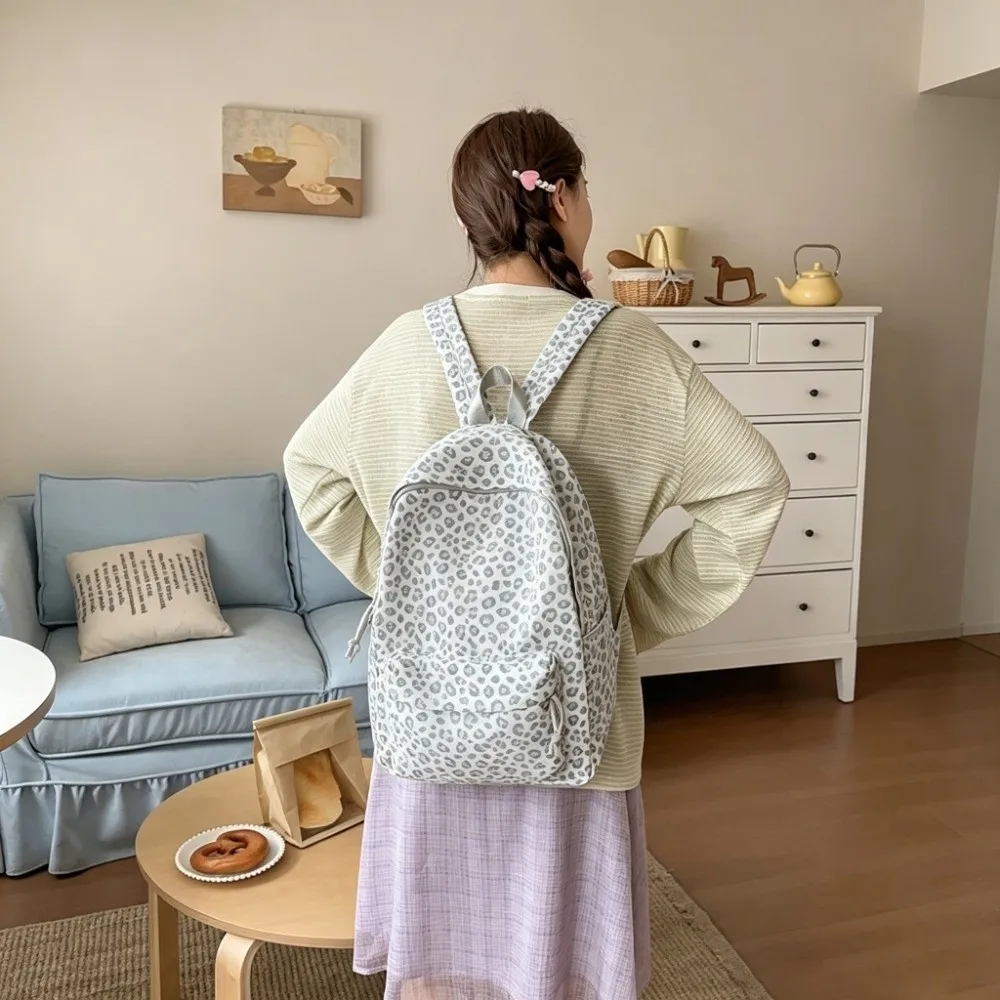 Trendy Leopard Print Women Backpack Lightweight Design Unique Style School Bag Nylon Material Casual Daypack Travel Use
