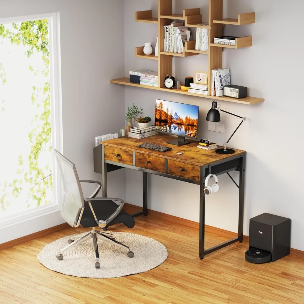 

Study Writing Table for Small Spaces, Gaming Desk, Computer Desk with 2 Drawers for Bedroom, Rustic Brown Room Desks