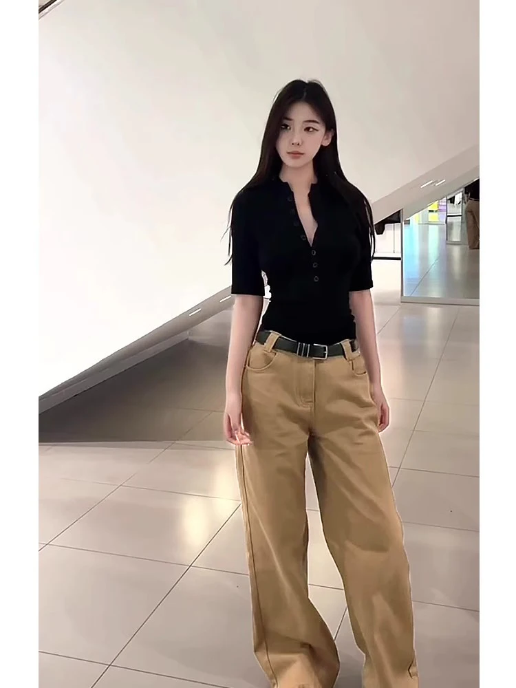 

American Retro Khaki High Waist Straight Leg Jeans Women's Loose Slim Wide Leg Floor Length Pants Autumn Pure Color