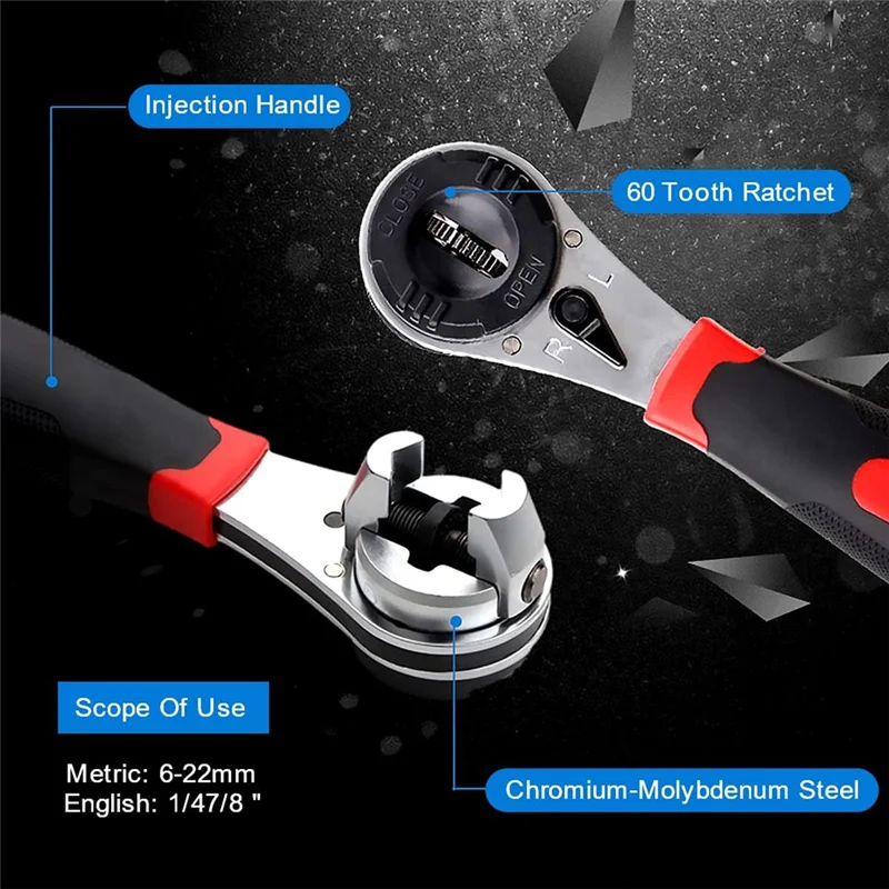 AA86 Adjustable Socket Ratcheting Wrench,For 6-22Mm Screw, With Non-Slip Handle Small Large Spanner Wrenches Hand Tool