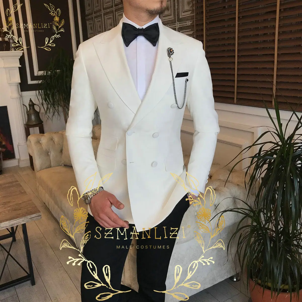 

Ivory Men Suits Double Breasted Jacket Pants 2 Piece Peak Lapel Wedding Prom Suits Casual Slim Fit Groom Tuxedos Best Man Blazer