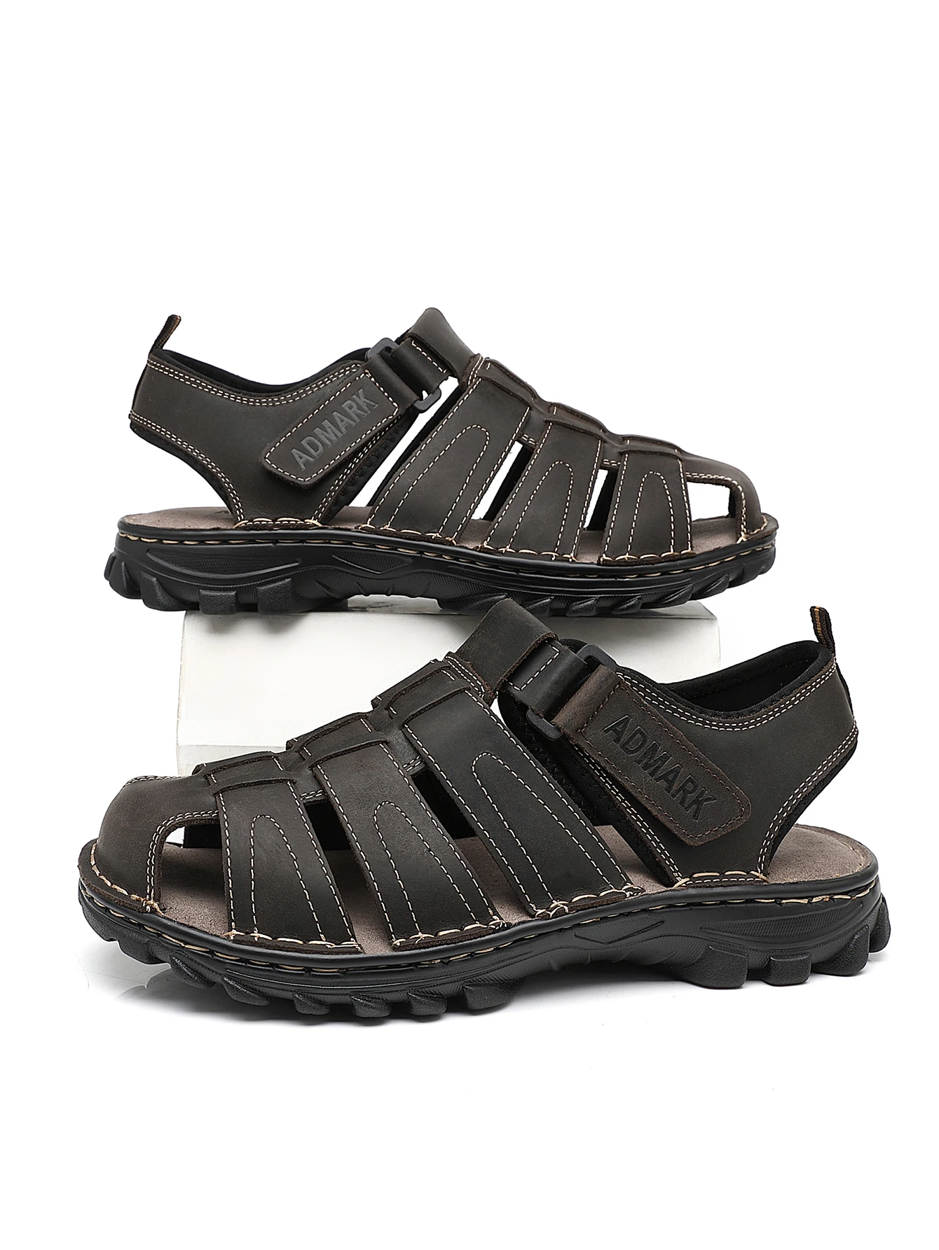 ADMARK Men's Closed Toe Sandals, Handcrafted Full Grain Leather Fisherman Sandals for Men, Arch Support Breathable Hiking Shoes, Comfortable Walking Footwear, Adjustable Snug Fit