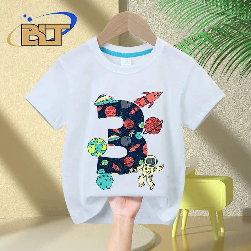 Camiseta infantil de algodão de manga curta, espacial e astronauta, 3 ° presente de aniversário, criança de 3 anos