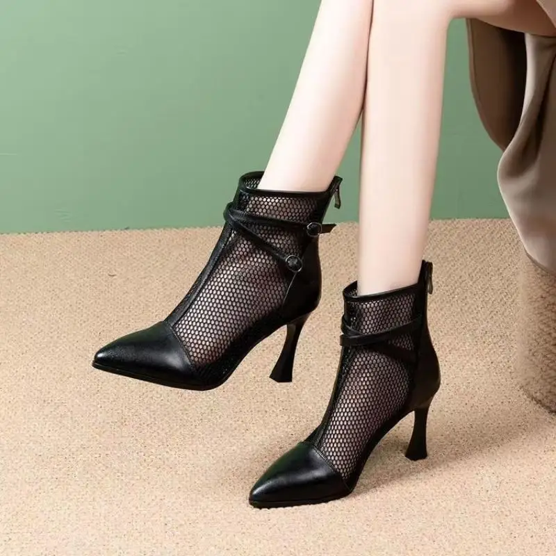 Botas Cortas de Tacón Alto con Diseño Calado y Transpirable para Mujer, Estilo Coreano, Tacón Plano, para Verano y Otoño, Botas de Exterior