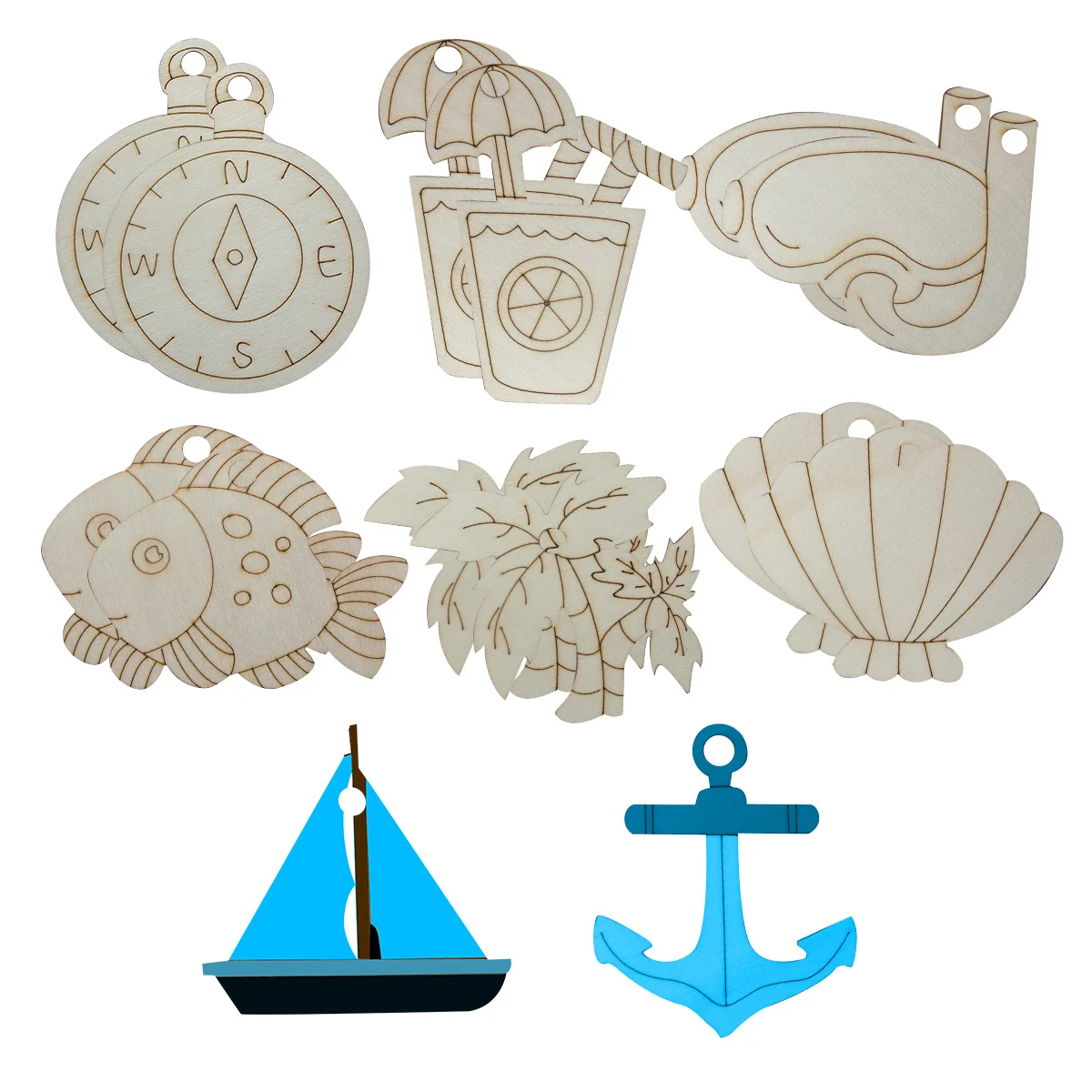 9Pcs Wooden Fish Boat Shell Crafts Ocean Series Hanging Ornament For Kids Summer Sea Party Decorations DIY Painting Gifts Supply