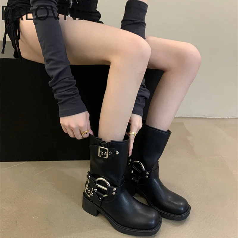 2024 Winter Short Boots For Women Fashion Belt Buckle Biker Boots Female Elegant Square Heel Women\'s Knight Bootties