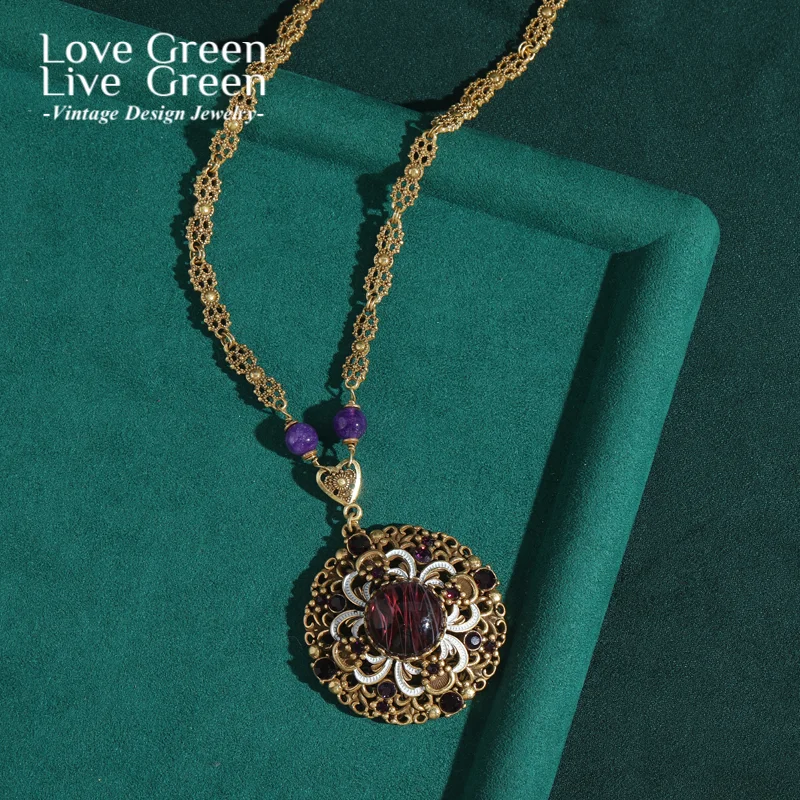 

Vintage Purple Glaze Lion Pendant Necklace Natural Stone Gold Color Flower Quality Luxury Designer For Woman High New 2025 Trend