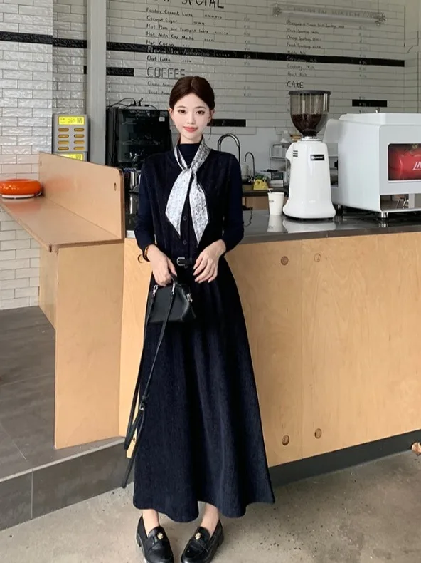 

plus Size Women's Vintage Knot Silk Scarf Dr Autumn Winter New Sle Waist Cinched A-Line Long Dr