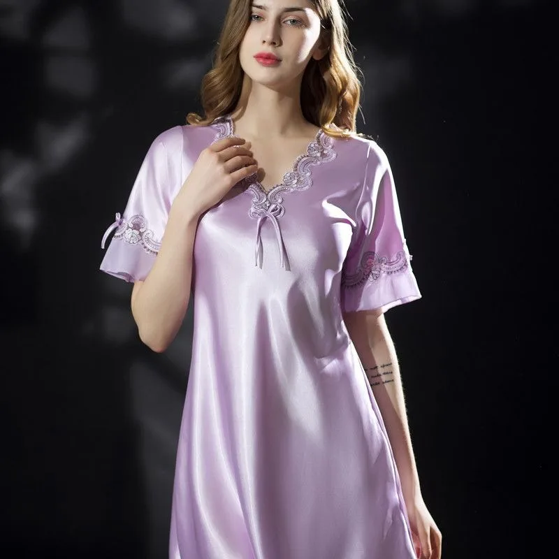 

Pajama Dress Women Summer Silk Medium Sleeve Thin Nightgown Lace Sweet Sexy Loose Casual Sleepshirt Oversize Famale Home Clothes