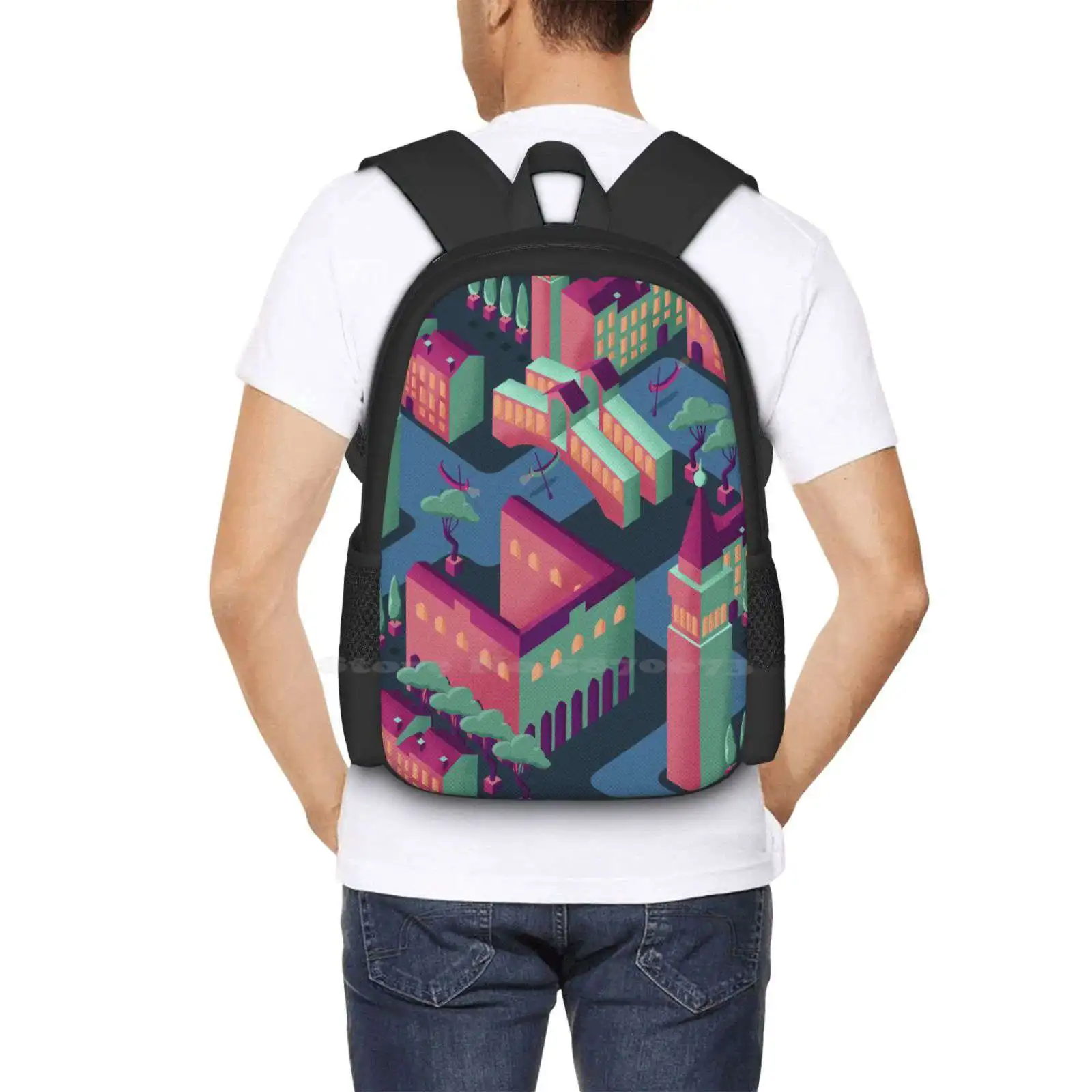 Mochila isométrica futurista de Venecia en rosa y verde, mochila con diseño de impresión 3D, bolsa para estudiantes, isométrica de Italia, futurista, futuro de una ciudad