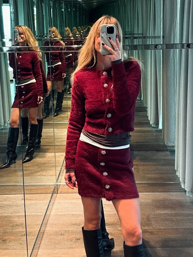 Burgundy Plush Cardigans Half Skirt Set Women O Neck Single Breasted Short Coat High Waist Wrap Hip Mini Skirts New Lady Outfits