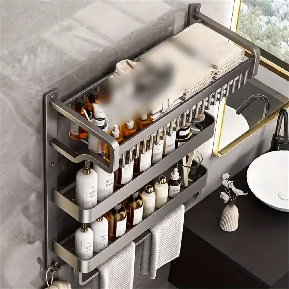 1 Piece 3-Layer Bathroom Space Towel Rack With Shampoo Bottle Mouthwash Cup 3-Layer Rack Bathroom Pole With Hook