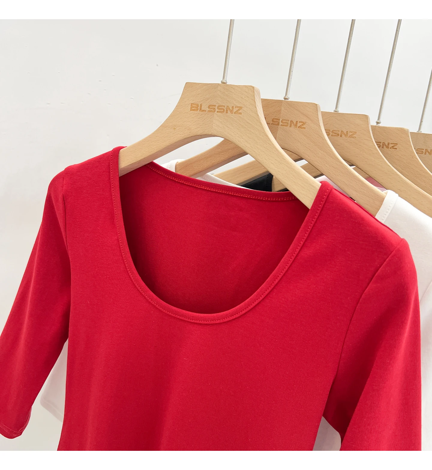 Zjaiss Women's White Base Top 2026 New U-Neck Three-Quarter Sleeve Tee for Spring & Summer Solid Versatile Casual Simple T-Shirt