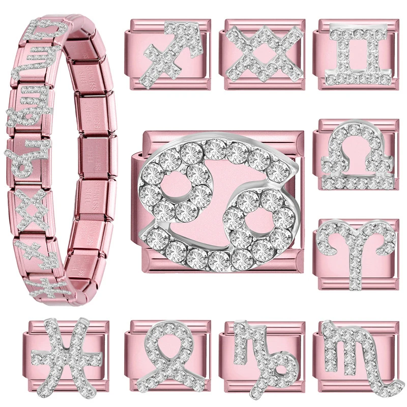 Fashion Zircon 12 Zodiac Signs Pink Italian Charm Links Fit 9mm Bracelet Stainless Steel Women DIY Making Jewelry Gift Wholesale