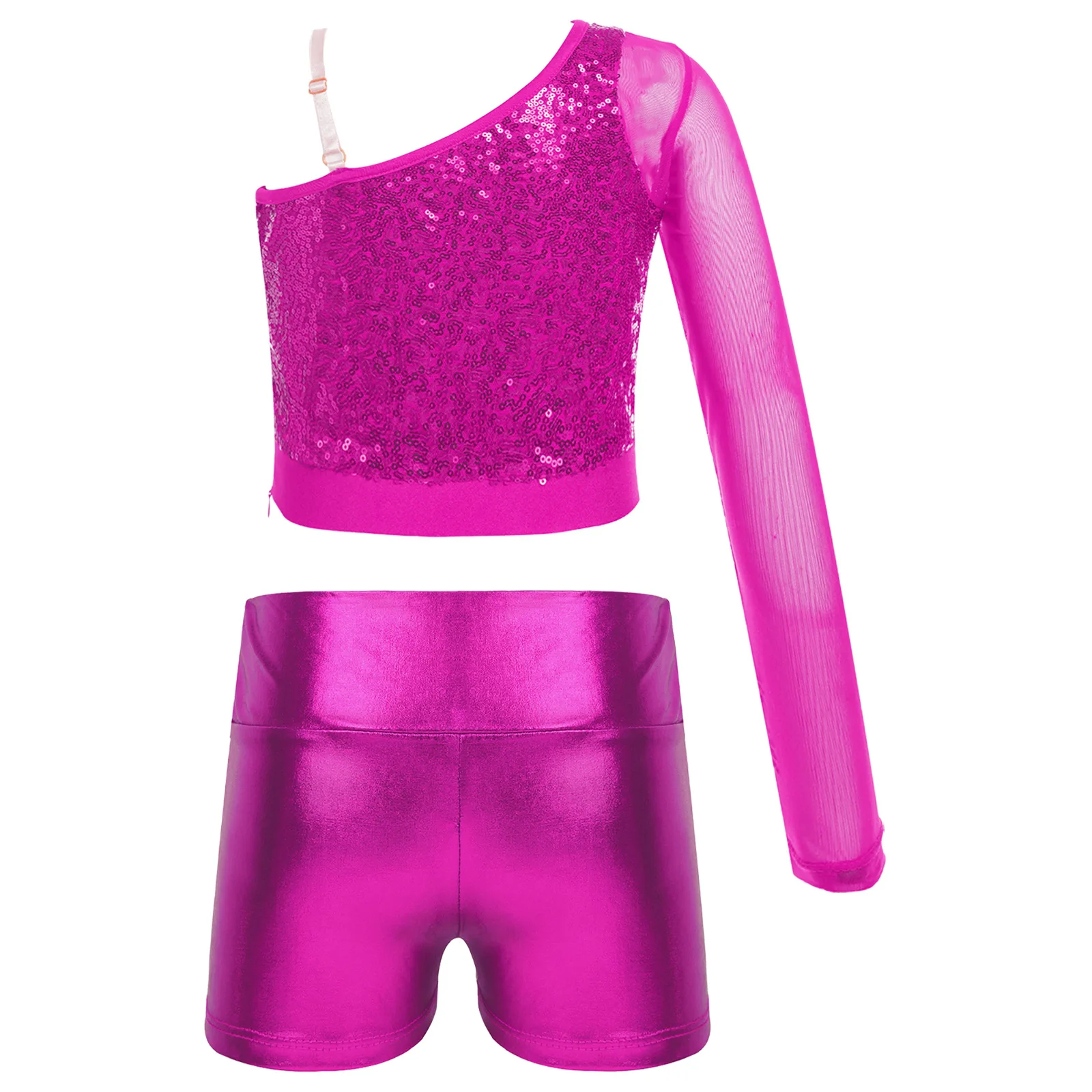 Traje de baile de Ballet para niñas, Top de baile con lentejuelas brillantes, Top corto de manga larga de malla transparente con pantalones cortos metálicos brillantes