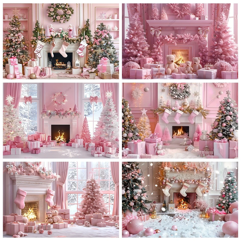 Pink Christmas Photography Backdrop Xmas Tree Fireplace Gifts Box