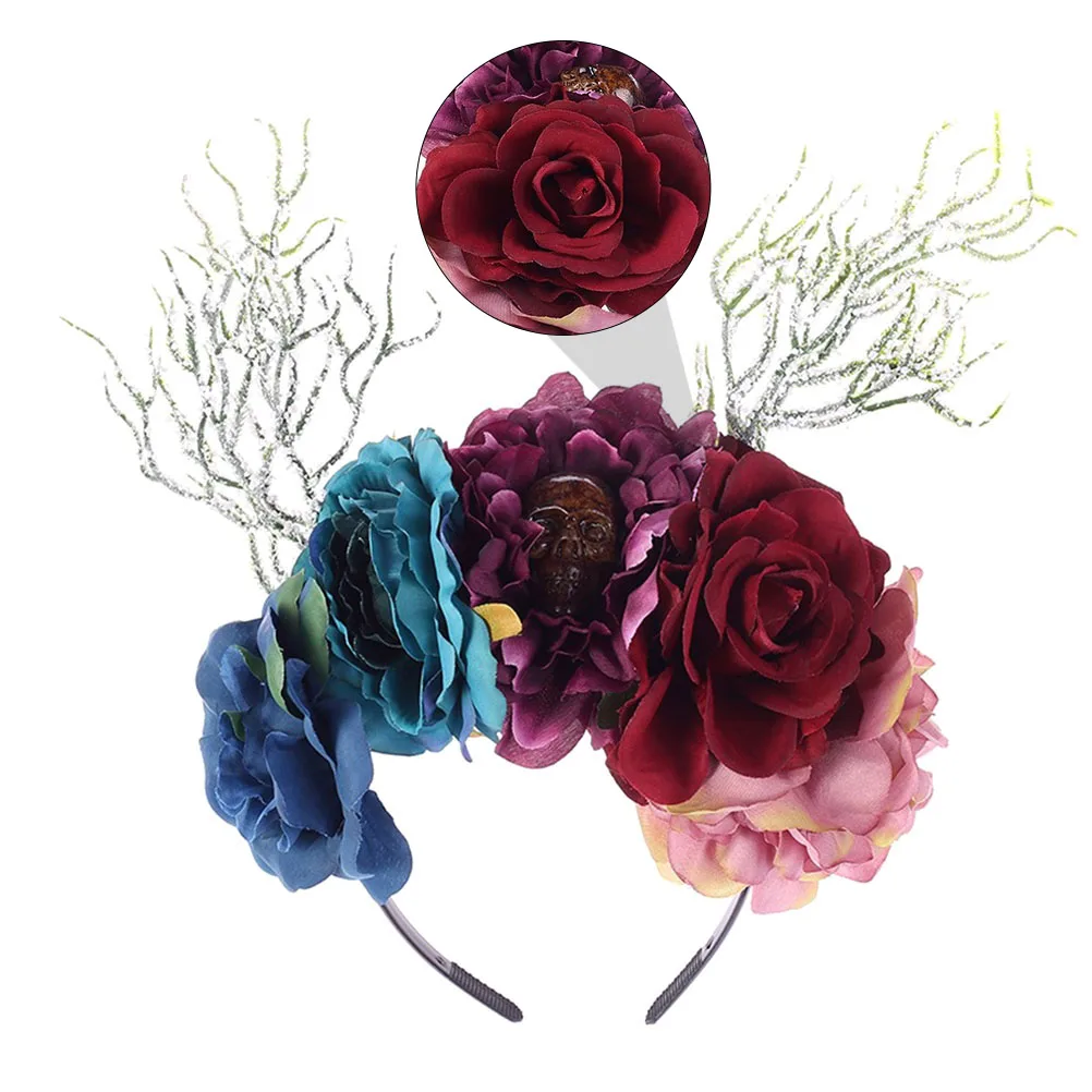 

Skull Headband Flower Hair Hoop Floral Headpiece Halloween Cosplay Headdress Velvet Texture Matching Any Dress