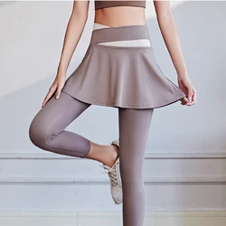 Pantalones de Yoga deportivos con falda para mujer, leggings deportivos falsos de dos piezas, de realce, cruzados, de retazos, de cintura alta