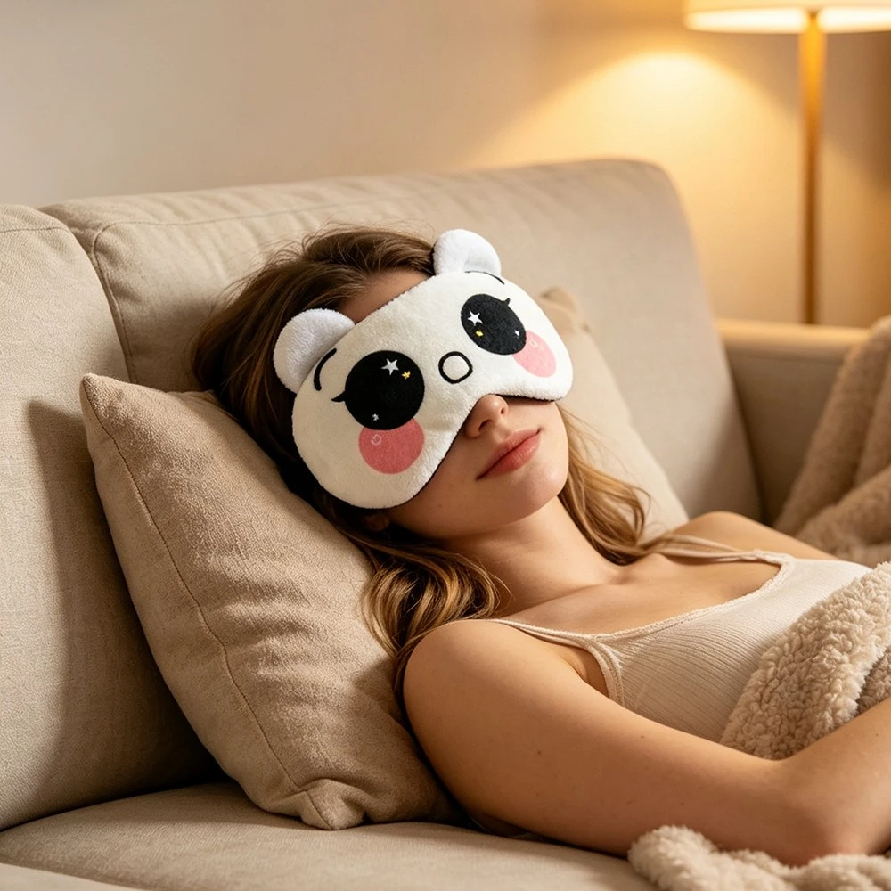 Adoring White Bear Plush Sleep Eye Mask Cute Cartoon Ear Light Blocking Soft Breathable Adjustable Funny Nap Cover