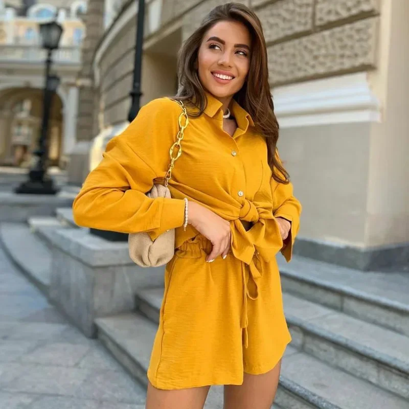 

Shorts Set Women Two Pieces Set Blouses Single Breasted Cardigan Short Sets Drawstring High Street Pockets Button Matching Sets
