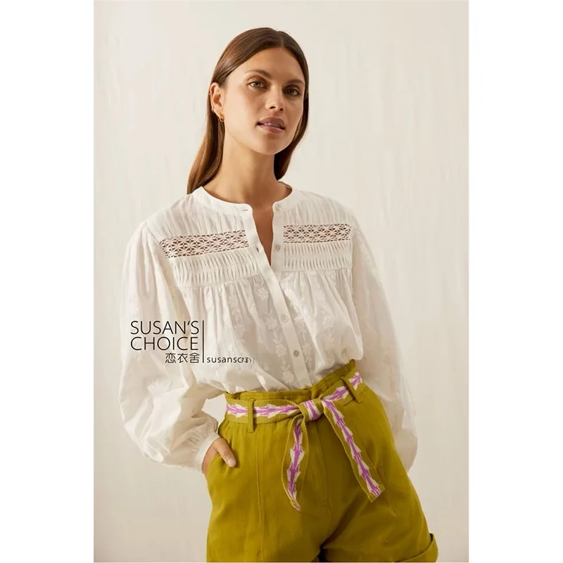 เสื้อทรงตรงผ้าฝ้ายสีขาวปักลายฉลุสำหรับผู้หญิง ยี่ห้อ Susan รุ่น Ne Bubble Sve สำหรับต้นฤดูใบไม้ร่วง