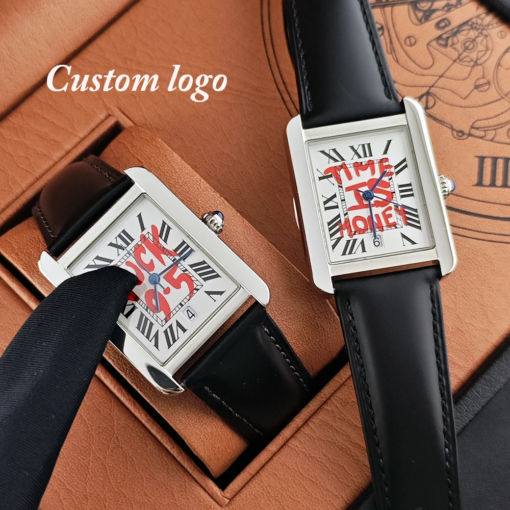 New Men's Watch Time is Money Watch Customized Logo Watch Black Leather Strap Stainless Steel Watch