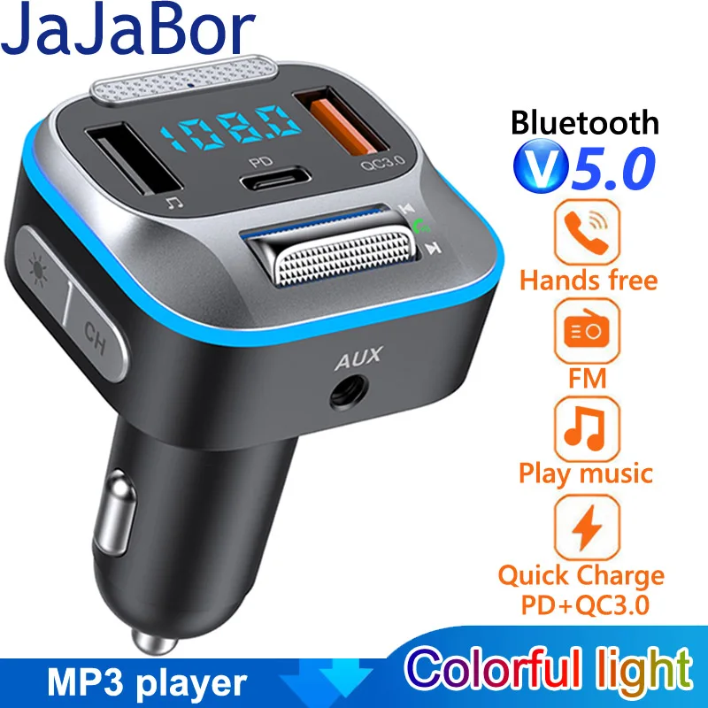 

JaJaBor Car FM Transmitter AUX Audio Receiver QC3.0 PD 30W Fast Charging Type C Charger Bluetooth 5.0 Car Kit Stereo MP3 Player