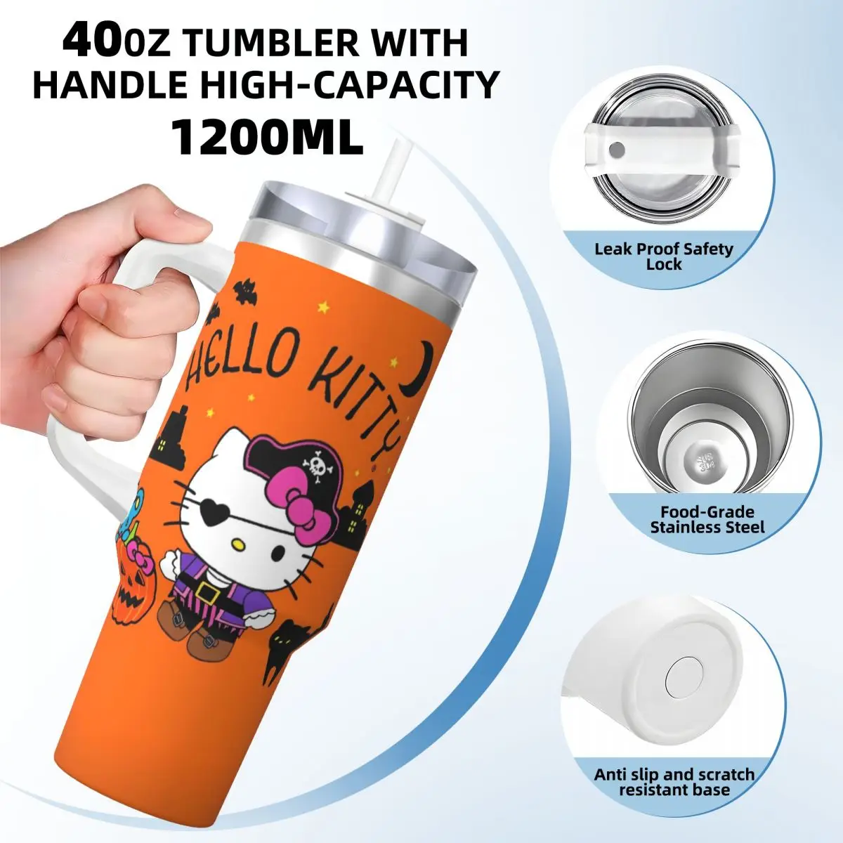 Stainless Steel Tumbler Hello Kitty Halloween Car Mugs With Straws Travelist Cold and Hot Water Bottle Portable Large Coffee Mug