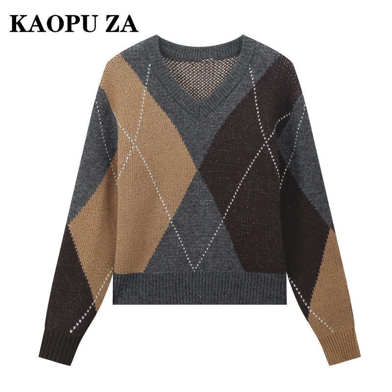 

KAOPU ZA 2024 New Autumn Woman's Casual V-Collar Long Sleeve Sweater Jumper Female Vintage Plaid Print Screw Thread Knit Top