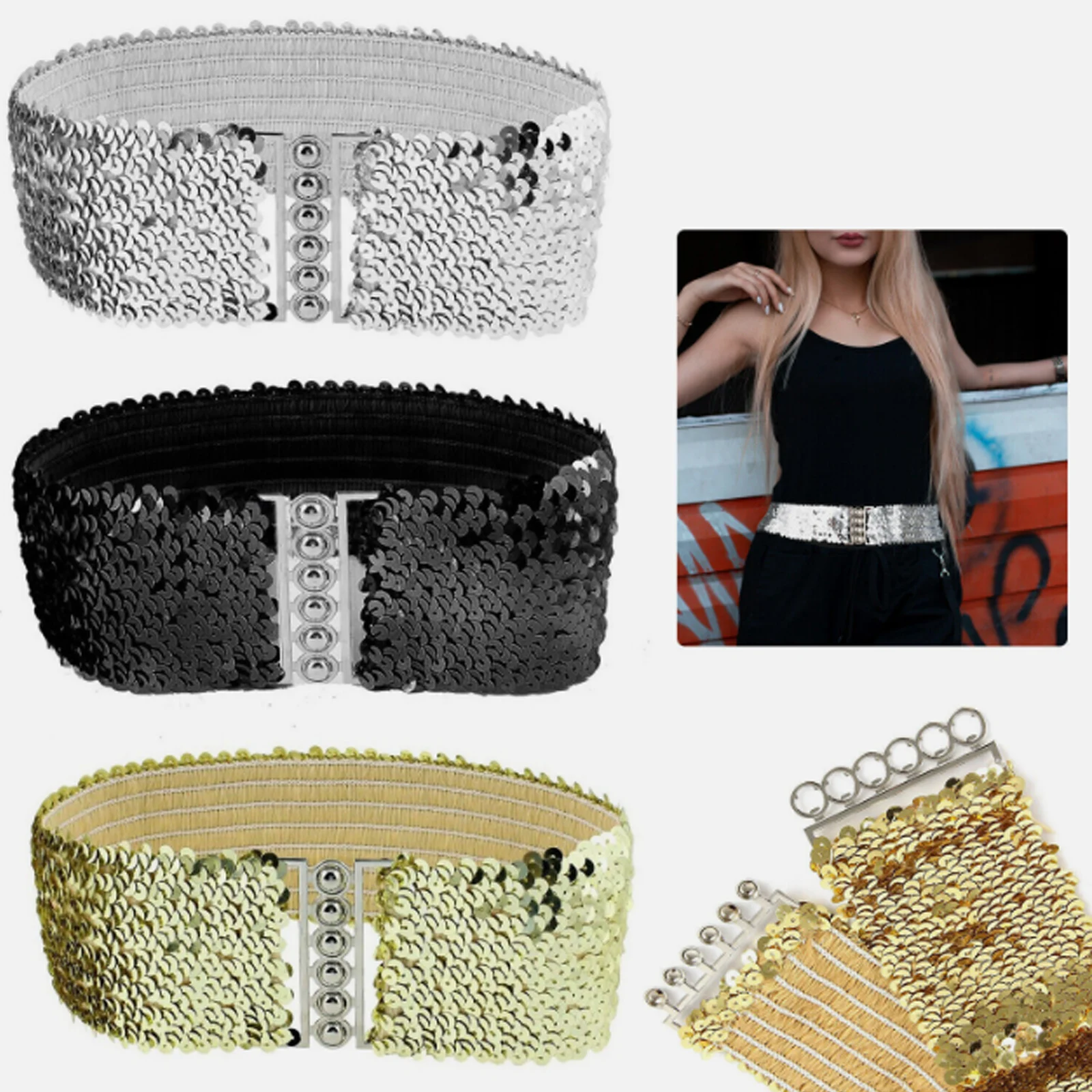 Women Fashion Sequins Elastic Wide Belts Shiny Buckle Waist Band Belt Coat Dress Corset Designer Luxury Brand Wrap Waistband