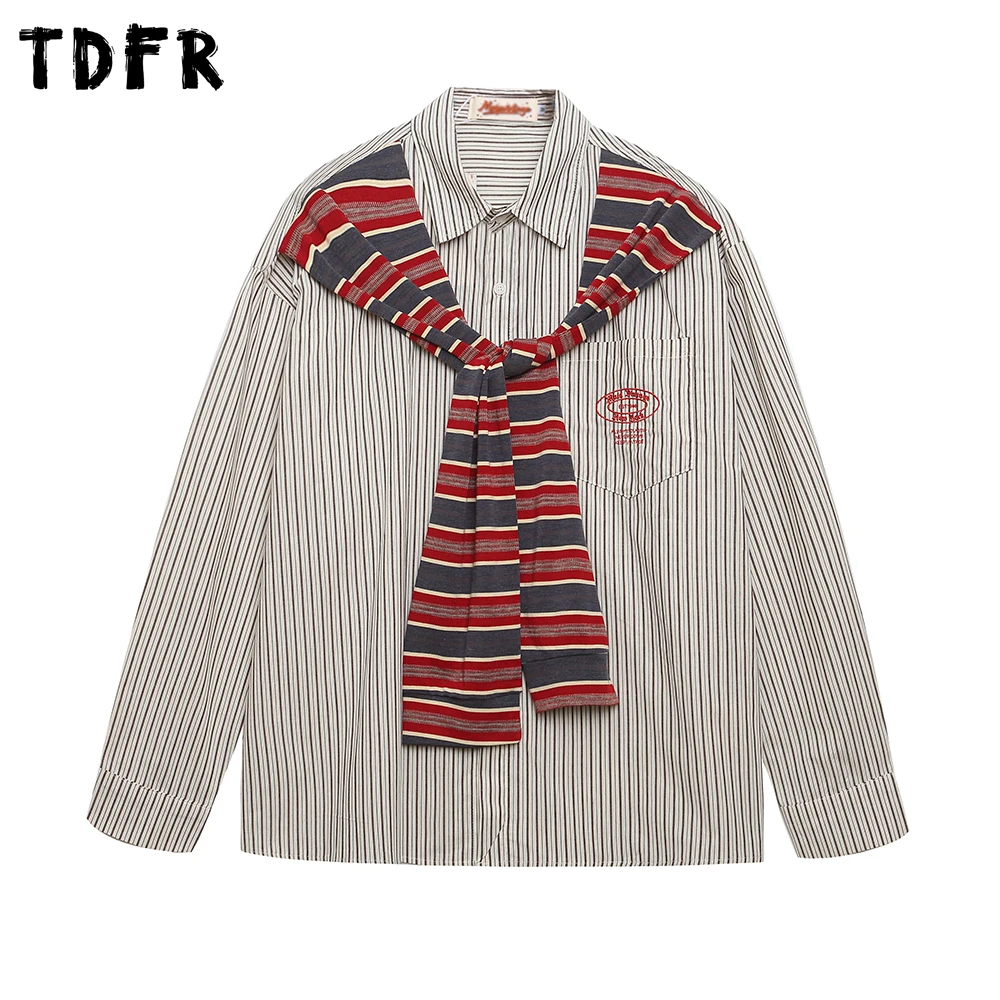

Patchwork Striped Long Sleeve Shirts Mens Pocket Letter Embroidery Autumn Retro Casual Loose Lapel Single Breasted Shirts Man