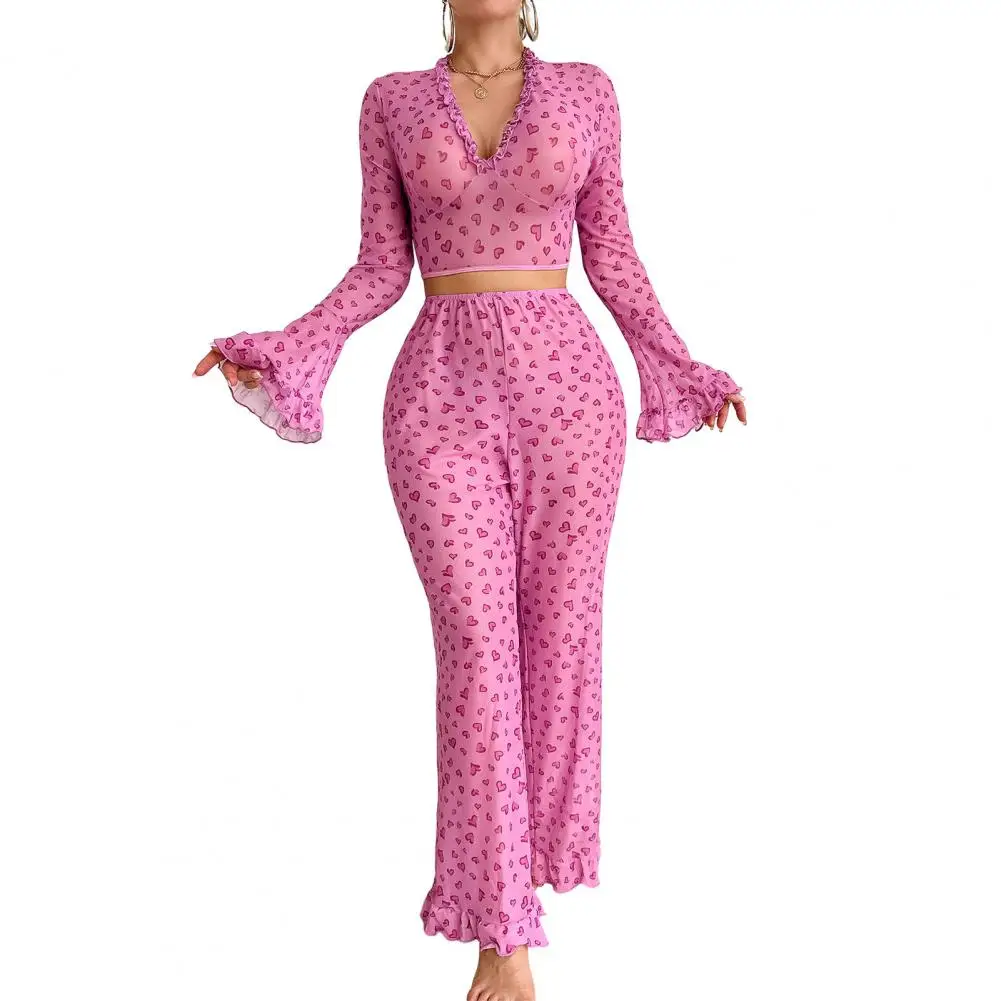 

Прозрачная ткань, ночная рубашка, сексуальный пижамный комплект, пижамный комплект на день Святого Валентина, одежда для сна с принтом сердца, одежда для сна с рюшами по подолу, пижамный комплект с длинными рукавами