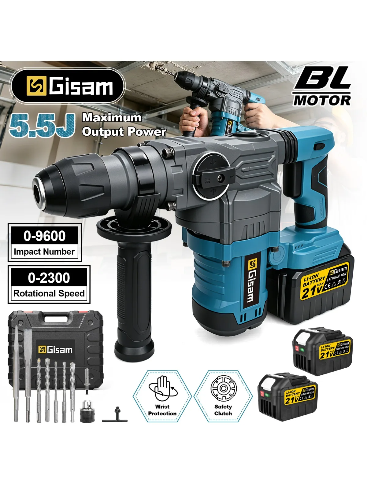 Gisam 5.5J Bürstenloser Elektrohammer Hochleistungs-Bohrhammer Abbruchhammer Schwerlast-Bohrhammer Beton-Schlaghammer Meißelwerkzeug für Makita Akku