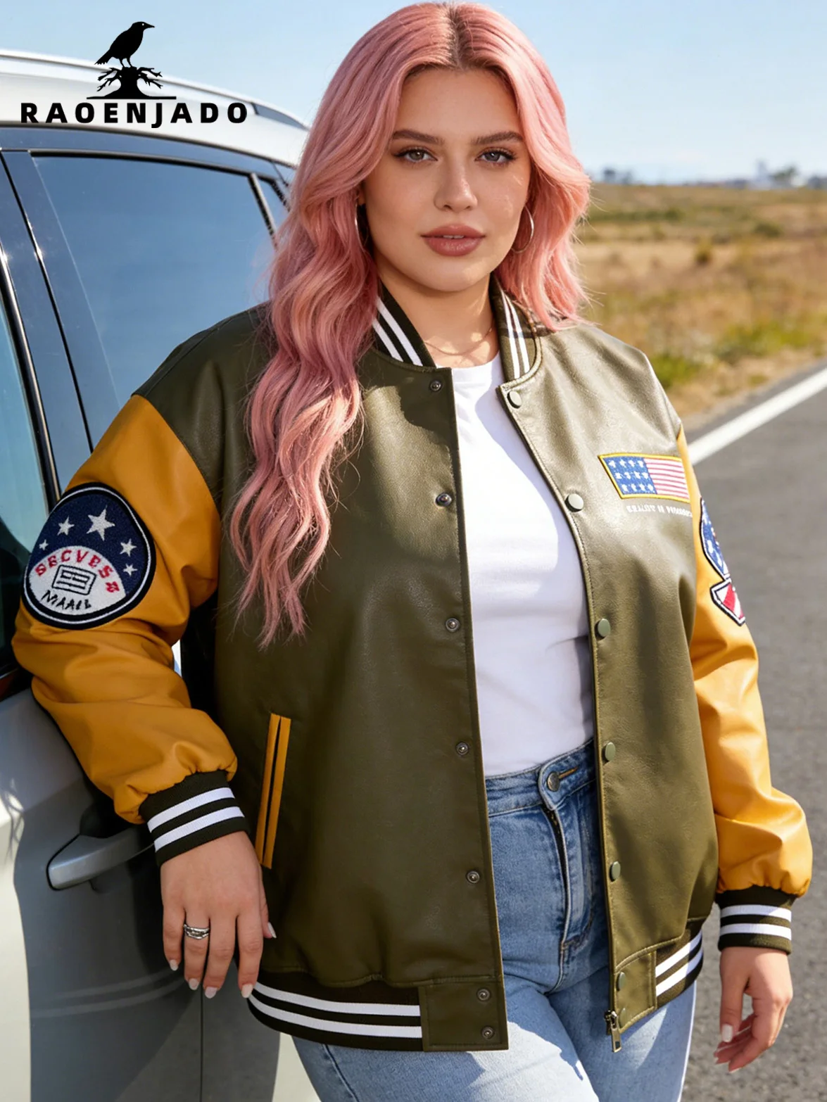 

Woman's Bomber Jacket Plus Size Faux Leather Baseball Coat Spring/Autumn Warm Outerwear American Flag with Embroidery Streetwear