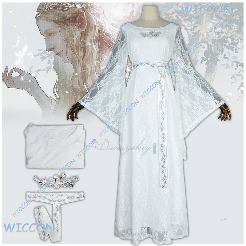 

Костюм для косплея Ynot/Elf Queen, белое кружевное длинное платье, элегантная одежда для женщин и девочек, полный комплект, карнавальный костюм на Хэллоуин