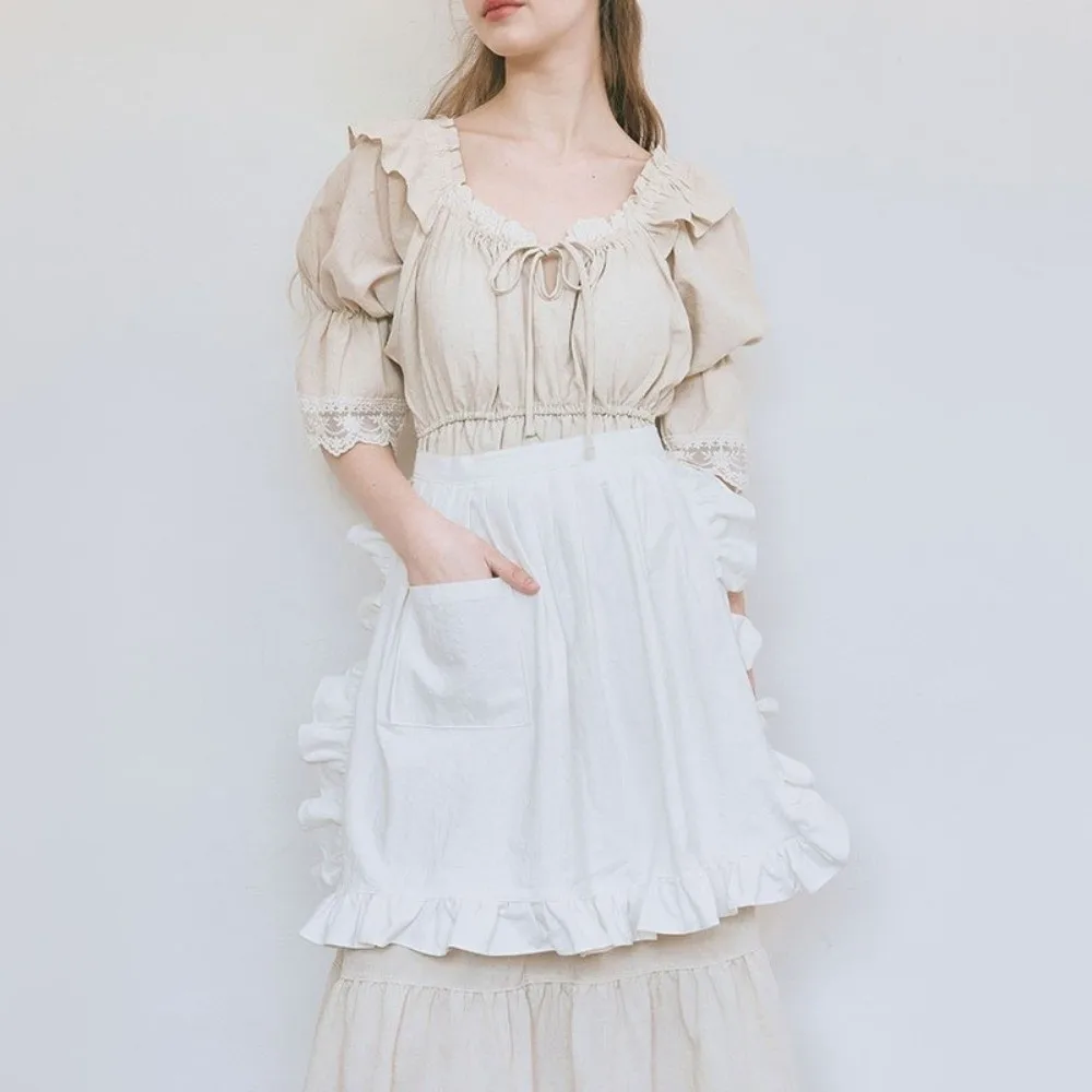 Fashion White Half Body Apron Ruffle Edge Cotton Material Work Apron Anti Fouling with Pocket Short Apron For Cafe
