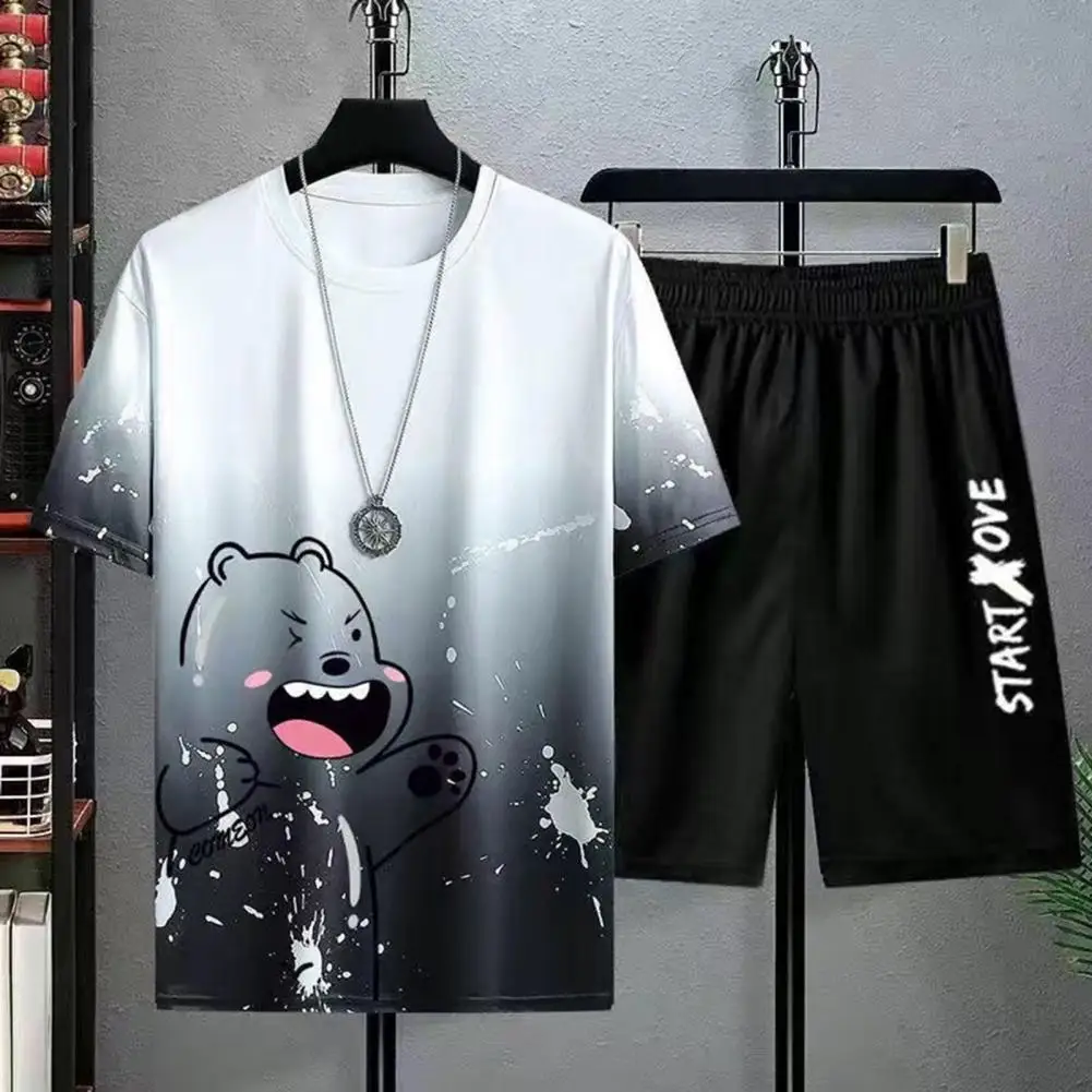 Loose Fit Sportswear Men's Bear Print T-shirt Wide Leg Shorts Set for Casual Outfit Quick Drying Sportswear with Elastic Waist