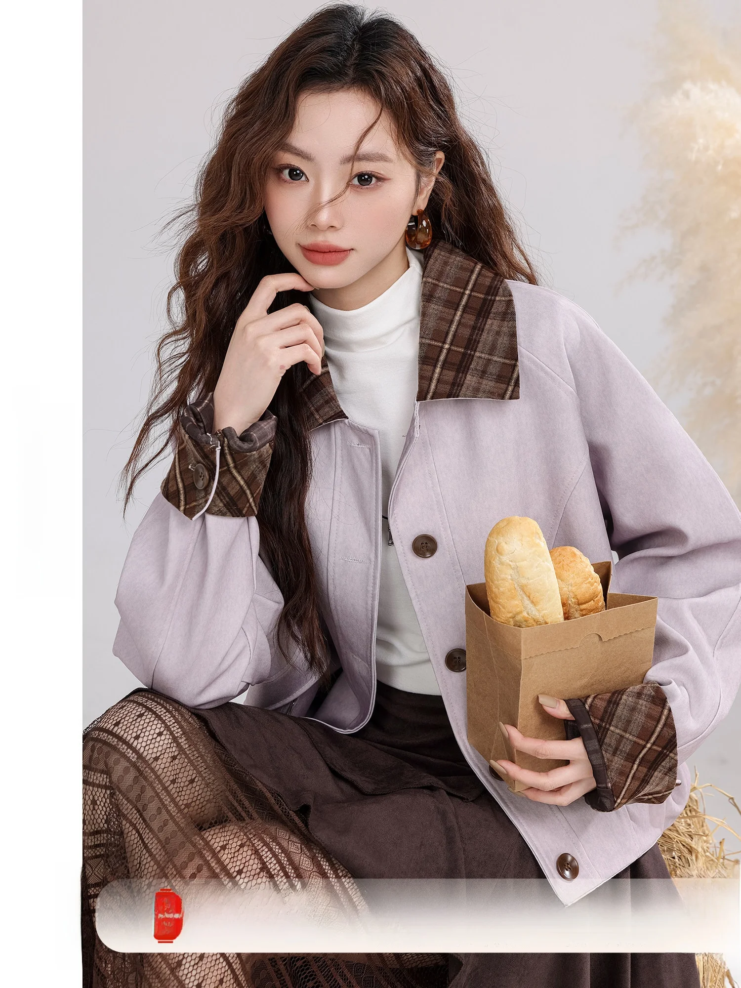 

Женское пальто свободного кроя с длинными рукавами в стиле ретро, с контрастным воротником, в клетку, с элементами пэчворка, для работы, коллекция Deep Autumn Song