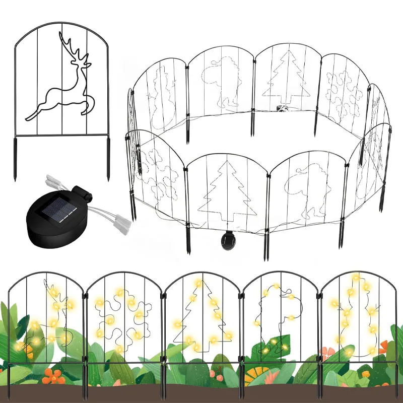 10-Panel Solar Lighted Garden Fence with Christmas Pattern & String Lights, Rustproof Metal Border Edging for Patio, Yard, and H