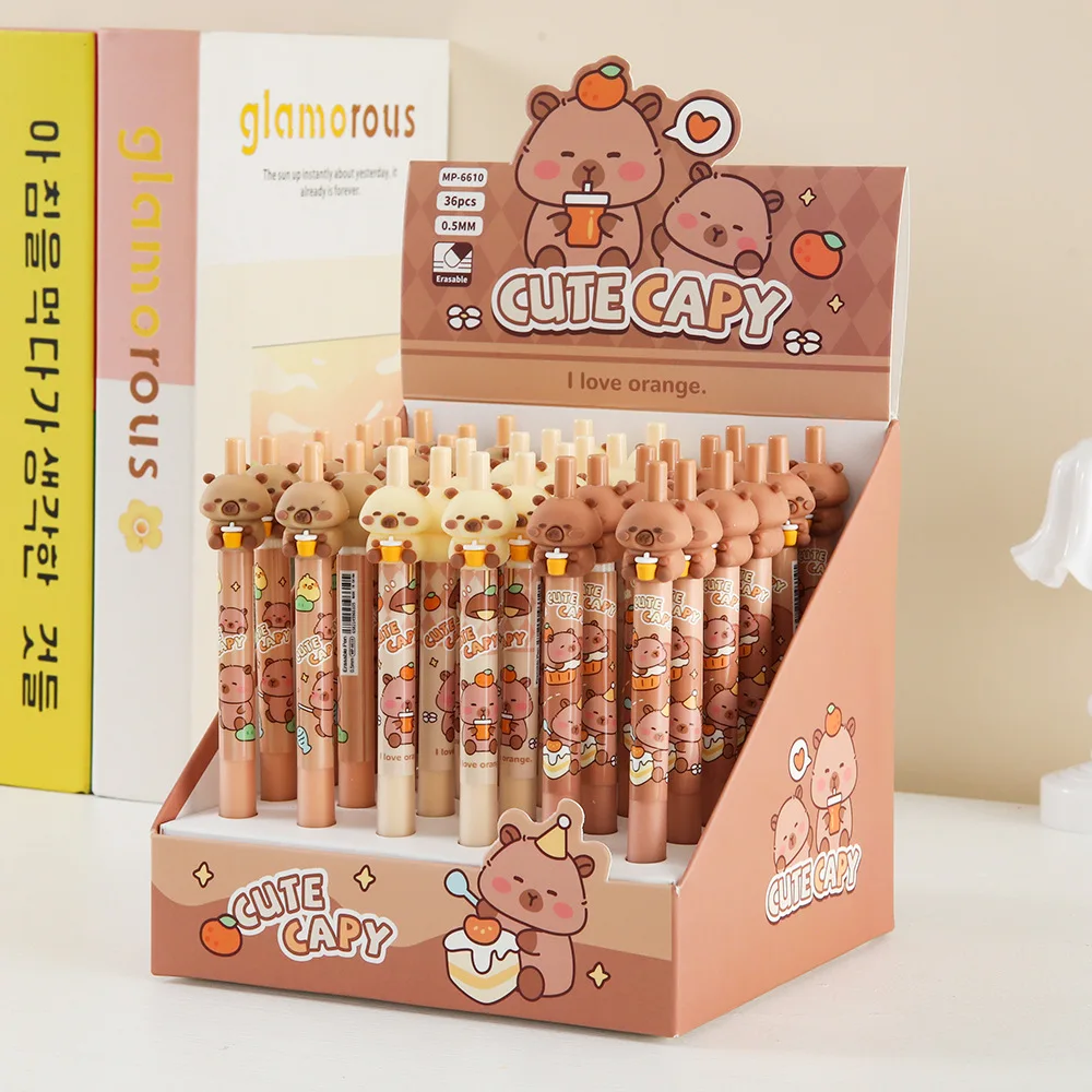 36Pcs/Lot Cute Cartoon Capybara Erasable Pen 0.5mm Blue ink Gel Pens Easy Correcting Pen for School Students Writing Stationery