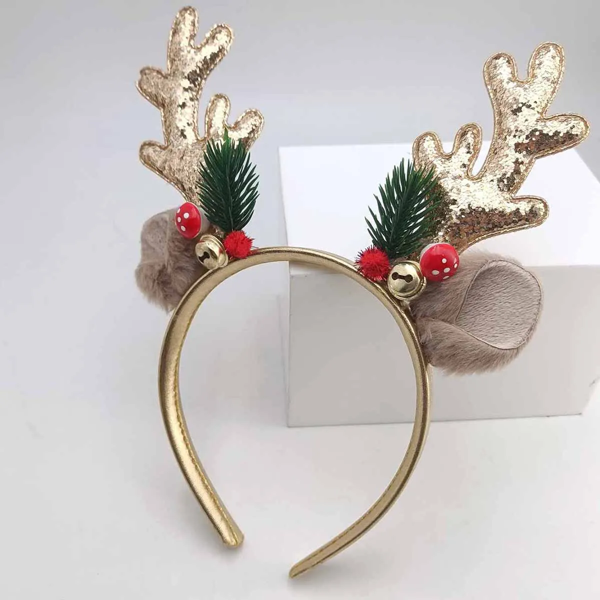 Bandeau de noël en forme de champignon à paillettes dorées, 1 pièce, grand corne de cerf, cloche, couvre-chef festif pour femmes, accessoires pour cheveux de Style forêt